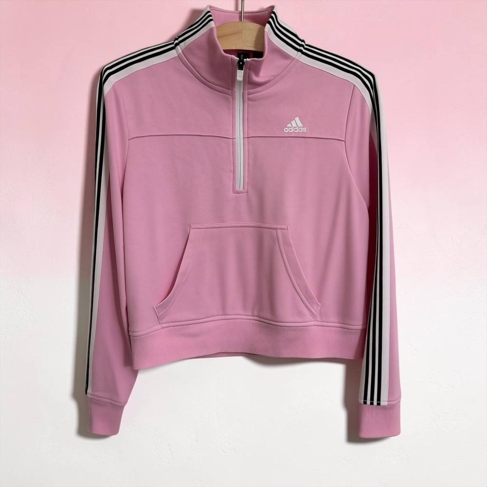 Adidas Girls Pink Quarter Zip Track Jacket 3 Stripe Kangaroo Pocket XS 4-6